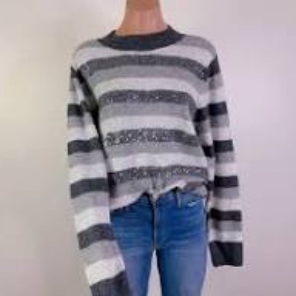 NWT Halogen Sequin Striped Mock Neck Knit Pullover Sweater | Gray White | S